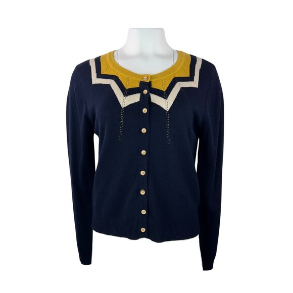 COPY - Royal Monk Retro Style Navy Cardigan with Yellow Neckline - Picture 1 of 2